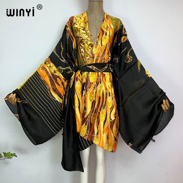 Vestidos casuais básicos WINYI Bohemian Printed Bikini Cover-ups Elegante Self Belted Kimono Dress Women Clothing Clothing Dress Holiday Dress Beach Wear Covers 230620