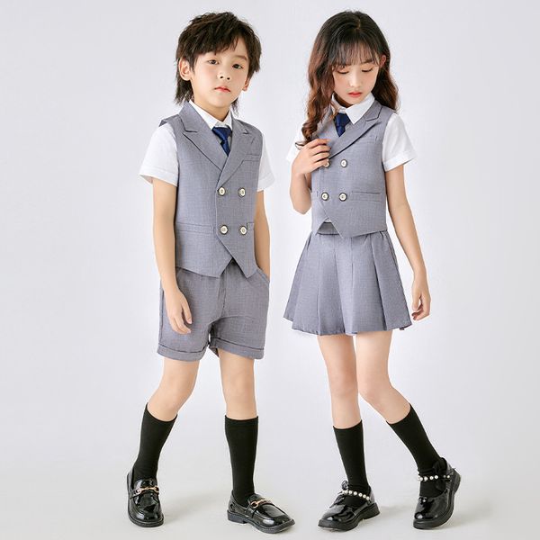 Suits çocuklar yaz okulu üniforma takım elbise kızlar kızlar gri yelek şortları çocuk ev sahibi parti performansı pogray kostüm 230620