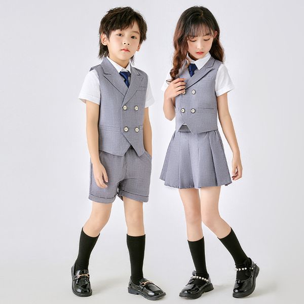 Fatos Crianças Uniforme Escolar de Verão Conjunto Terno Meninos Meninas Colete Cinza Shorts Gravata Roupas Crianças Anfitrião Festa Performance Traje Pogray 230620