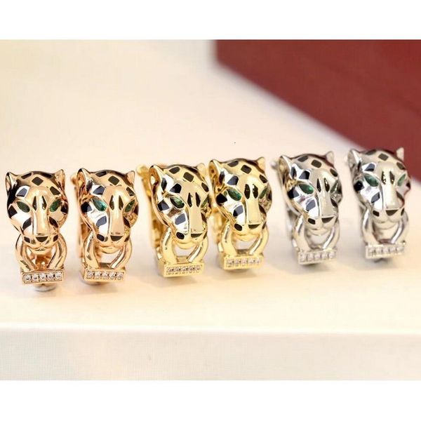 Stud Europe America Designer Luxo Feminino Lady Zircão Checo Incrustado Olhos Verdes Cabeça de Leopardo Banhado a Ouro Stud Brincos Presilha de Orelha 230620