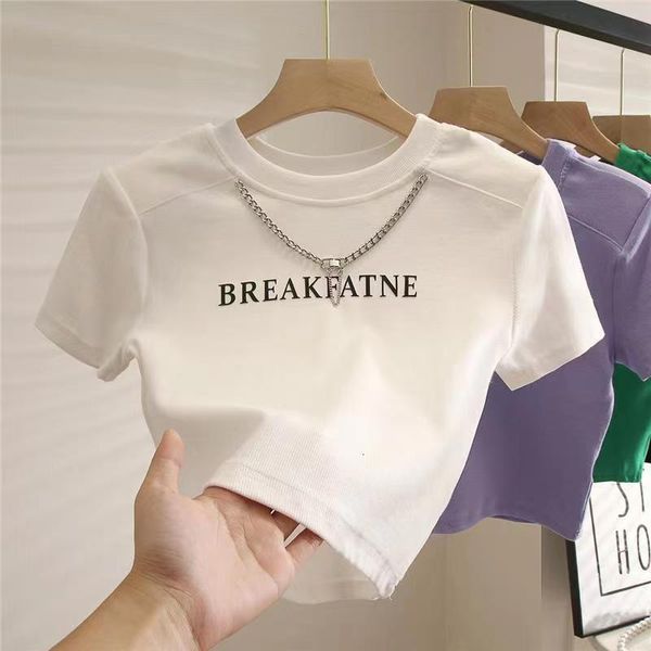 T shirts Kids Girls Clothing 2023 Summer Trend Chain Letter T Shirt Manga Design Sense Niche Curto Versátil Top 4 6 8 10 T 230620