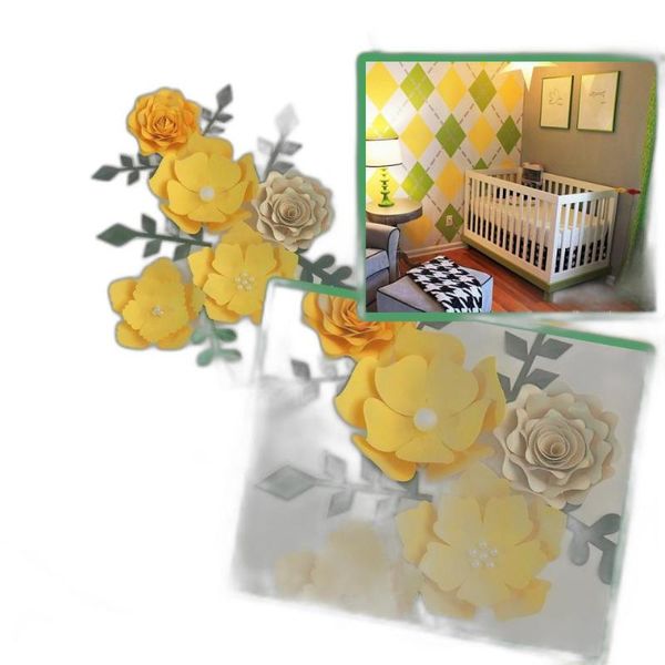 Decorative Flowers Handmade Yellow Easy Made DIY Paper Green Leaves Set 4 Nursery Wall Deco Baby Shower Girls Room Backdrop Video Tutorials