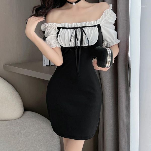 Parti elbiseleri yaz kare boyun puflu kol seksi elbise kadınlar siyah beyaz zarif mini bodycon sundress sıradan ışık plaj bornoz