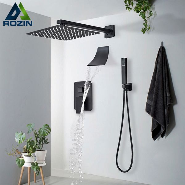 Badezimmer-Duschköpfe, schwarzes Armaturen-Set, Wandmontage, Regenfallsystem, verdeckte eingebettete Box, Wasserfall-Mischbatterie mit Wannenauslauf 230620