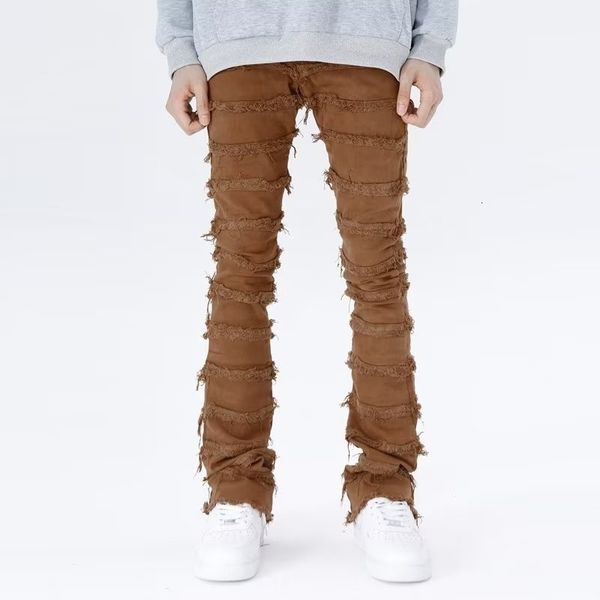 Jeans masculino American High Street Erosion Damaged Fur Vintage Jeans Youth Trendy Straight Slim Slim Micro Pants streetwear 230620