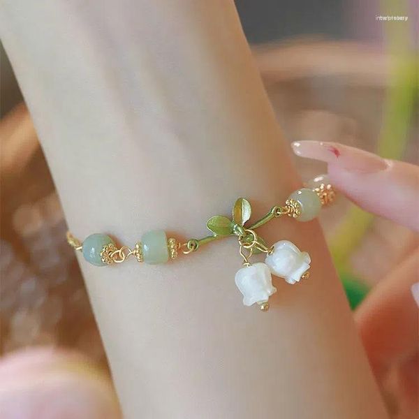 Braccialetti di collegamento Bracciale da donna con perline di giglio Pietra naturale Bianco e colori di fiori Gioielli da sposa