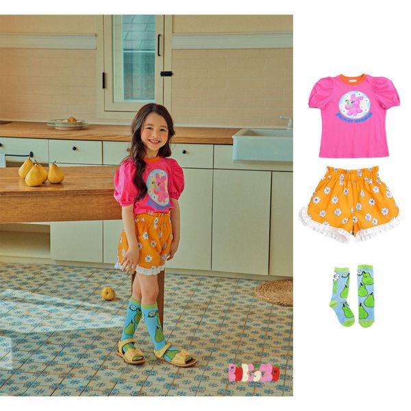 T shirts 2023 Summer Brand Korean Cartoon Cute Rabbit Tops Flower Orange Shorts Girls Sets Pear Meias for Clothing 230620