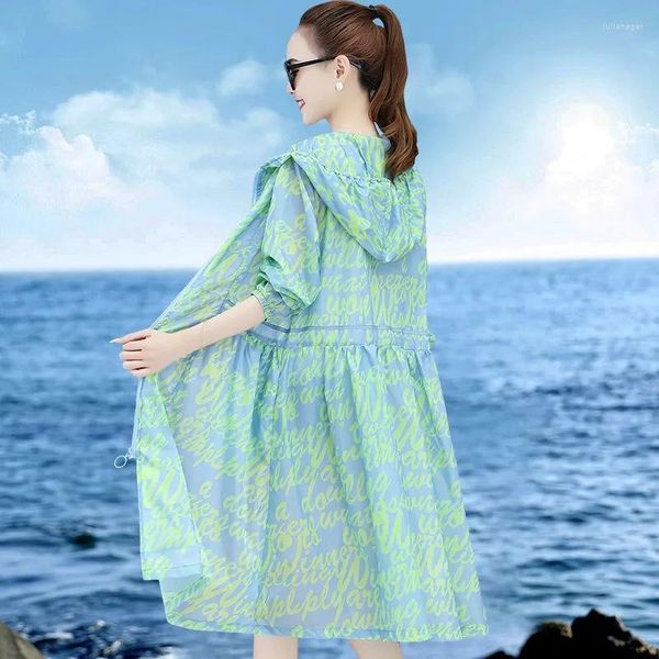 Trench Coats Feminino 2023 Impresso Gelo Seda Roupas Protetor Solar Feminino Seção Longa Verão Camisa Fina Feminino Jaqueta de Mangas Compridas Roupa de Praia Senhora