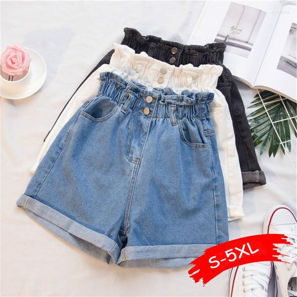 Frauen Shorts Sommer Blau Frauen Denim S-5XL Harem Rüschen Schwarz Hohe Taille Weibliche Elastische Kurze Jeans