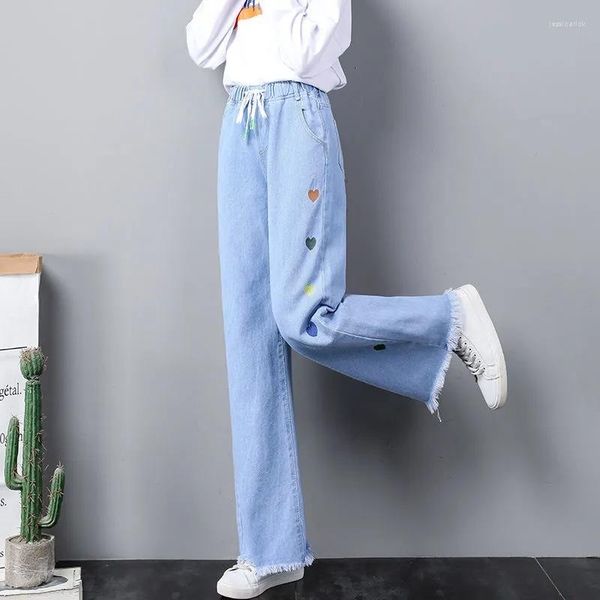 Jeans Feminino Feminino Estudante Feminino Perna Larga Cintura Elástica 2023 Calça Escola Secundária Solta Versátil