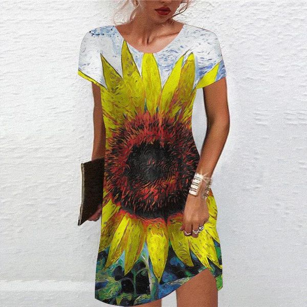 Casual Kleider Sommer Weibliche Kleid 3d Sonnenblumen Druck Plus Größe Böhmischen Urlaub Frauen Vintage Regelmäßige Mode Kleidung