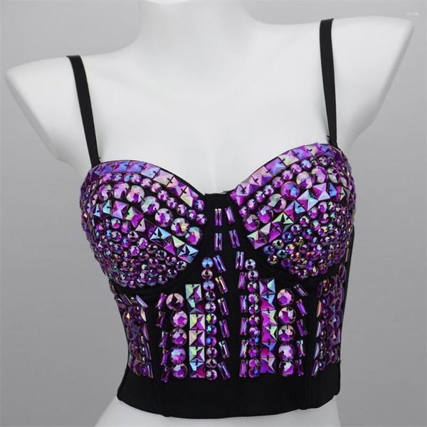 Regata Feminina Feminina Verão Sexy Decote em V Diamantes Brilhantes Dançarina Performance Festa Boate Noite Camis Colete Crop Top Branco Preto Roxo