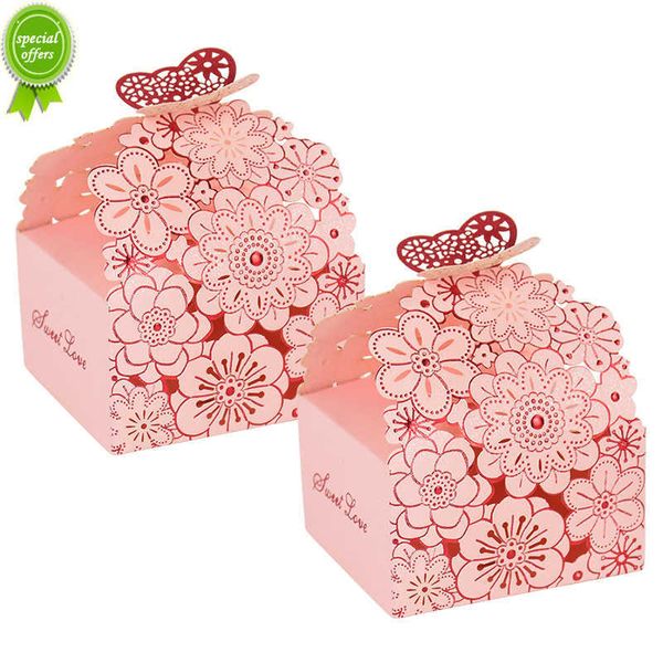 Neue 50 Stück rosa Blume Schmetterling Süßigkeiten Boxen Hochzeit Gefälligkeiten Geschenk Schokolade Verpackung Box Tasche Geburtstag Party Baby Dusche Dekor liefert