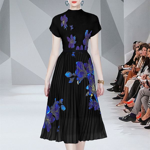 Два кусочка платье винтажное элегантное цветочное принт растягиваемые пулучители топа A-Line Плиссированные миди-длинные юбки моды ВПП 2