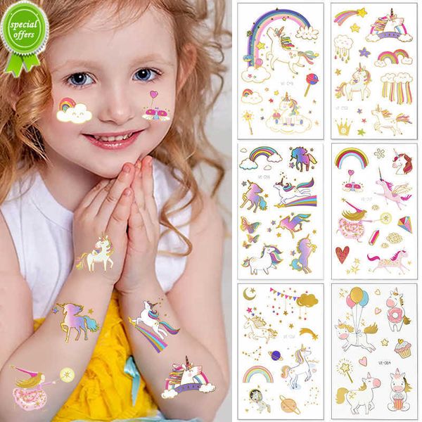 Neue 5 Teile/los Gold Bronzing Einhorn Temporäre Tattoo Aufkleber Körper Tattoo Für Kinder Gesicht Kunst Make-Up Einhorn Birhtday Party Aufkleber