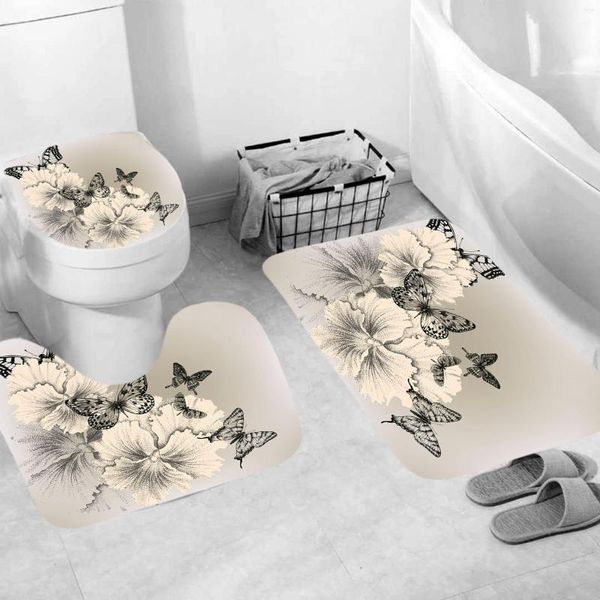 Duschvorhänge, schwarzer Schmetterlingsvorhang, modisches Badezimmer-Set, Badewanne, WC-Deckelbezug, rutschfester Sockelteppich