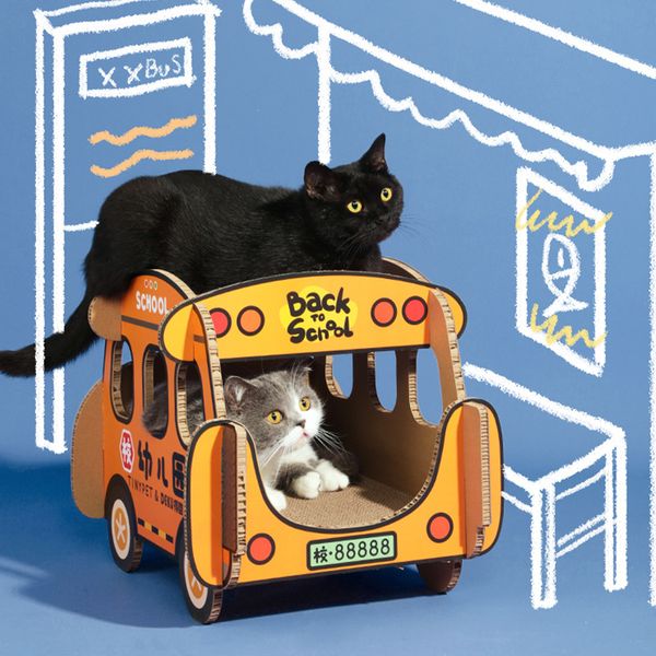 Ônibus escolar de jardim de infância placa para arranhar gato ônibus de dois andares papel ondulado ninho de gato carro brinquedo placa de garra para gato