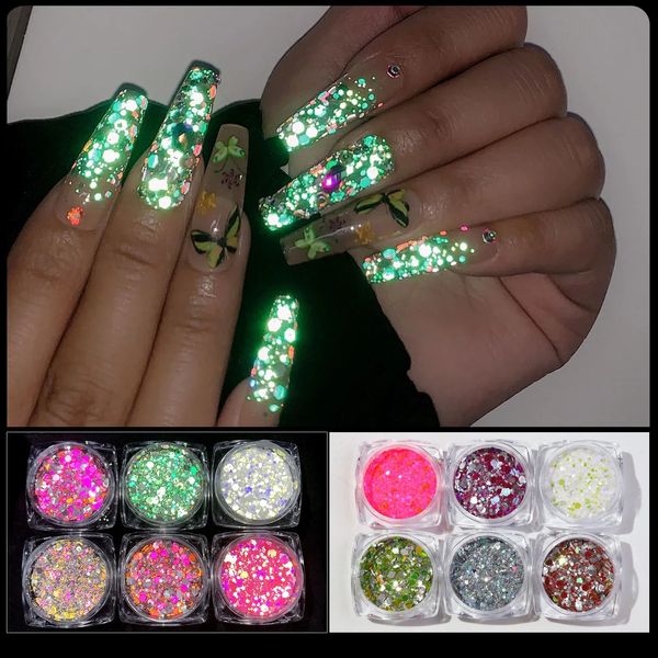 Anti-brilho Diamante Unha em pó 6 cores por conjunto de joias para unhas Laser Colorido Glitter Unhas Pó Pó