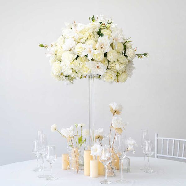 Getrocknete Blumen, luxuriöser weißer Hochzeitstisch, florale Ball-Mittelstücke, Dekor, Baby-Atem, Straßenführung, Party-Requisiten, Event-Shop-Display
