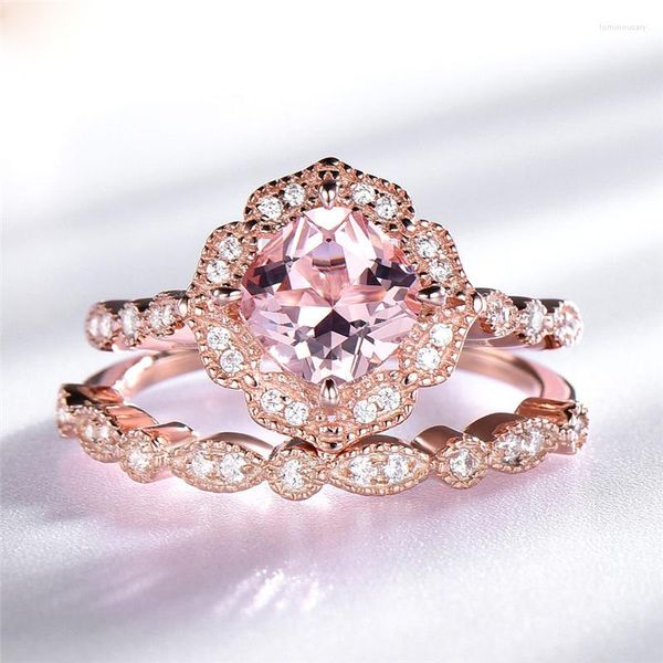 Conjunto de anéis de flor de berilo rosa prata esterlina morganita pedra preciosa de noiva ouro rosa retrô jóias de casamento de zircônia vintage