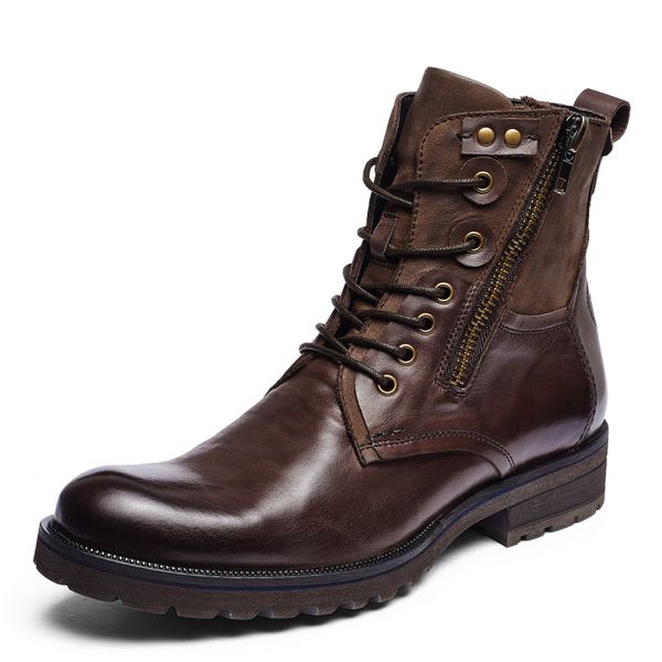 Botas de motocicleta masculinas com zíper, couro genuíno, bota masculina retrô ao ar livre, salto grosso, sapatos masculinos de luxo, tênis da moda