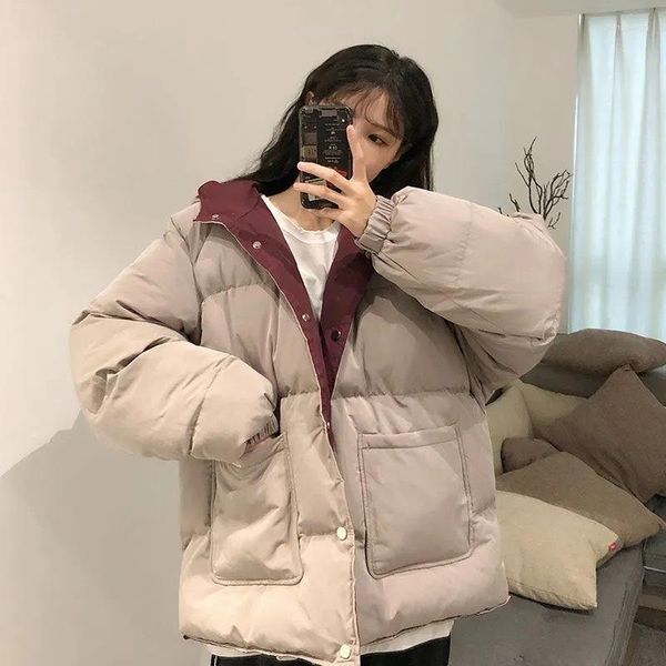 Trench da donna Inverno Cappotto di cotone sciolto a doppia faccia 2023 Studente di pane giapponese Piccola giacca calda spessa monopetto Ragazza
