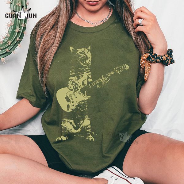 Camisetas Masculinas Gato Tocando Guitarra Homem Verão Mulheres e Camisetas Masculinas 100% Algodão Estampa Gráfica Y2k Roupas Engraçadas Unissex Mangas Curtas Camisetas 230621