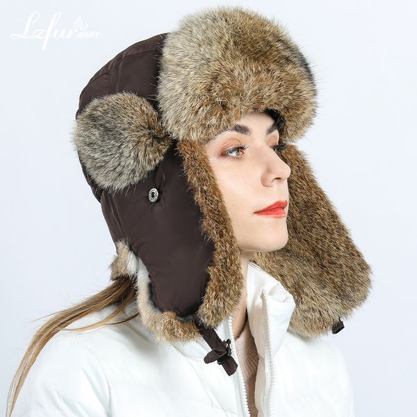 Chapéu de pele de coelho real feminino Rússia Ushanka Trapper Hinter Hat Earflap Snowboard Boné de esqui quente