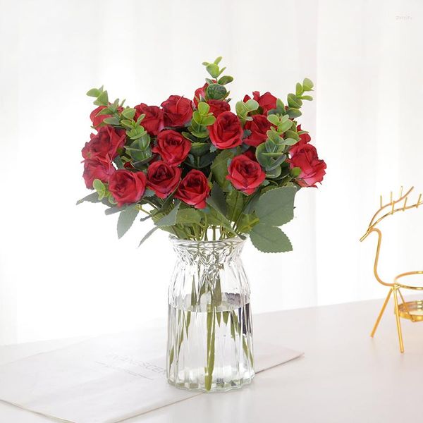 Flores decorativas 1 ramo de 11 cabeças rosa vermelha artificial flor de folha falsa para decoração de casamento decoração de casa enfeite de mesa