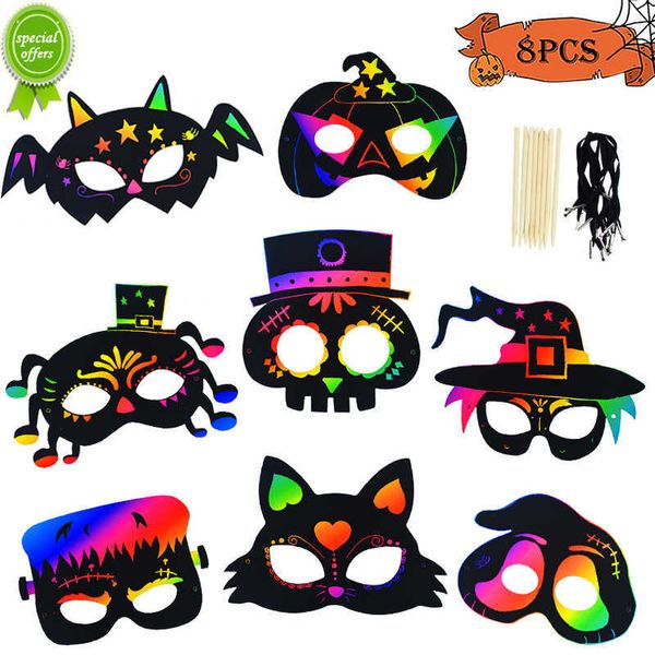 Novo 8 Pcs Halloween DIY Scratch Masks Magic Rainbow Color Kids Painting Gift Toys Halloween Party Favors Decoration Horror cosplay