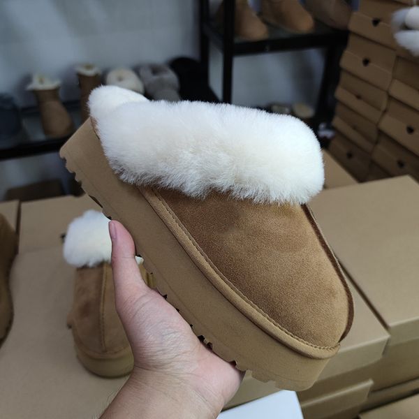 Pantofole con piattaforma australiana di design Tazz Tasman Chestnut Mini stivali da neve classici Fondo spesso Scivoli pelosi in vera pelle Australia Stivaletti taglia 35-43