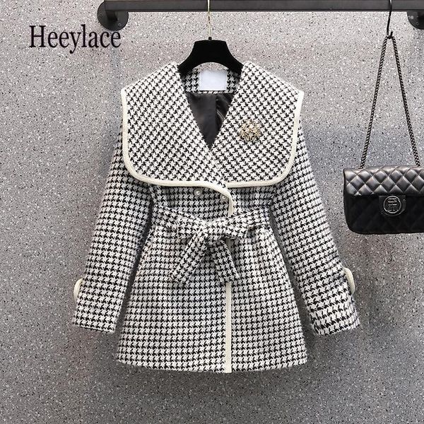 Damenjacken Frauen Herbst Winter Langarm Mäntel Matrosenkragen Plaid Tweed Jacke Koreanische Hohe Taille Outwear Woolen