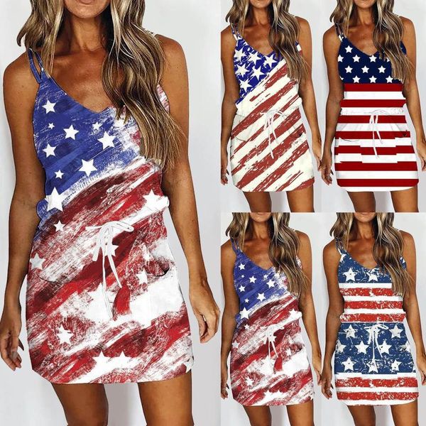 Casual Kleider Unabhängigkeit Tag Weibliche Sommer Sexy Hosenträger Amerikanische Flagge Drucken Vintage Spitze Up Taille Kleid Formale Für Frauen Vestidos