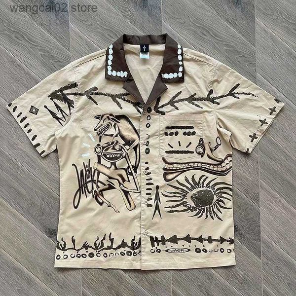 Camicie casual da uomo 2023 Nuova primavera ed estate Ts Cactus Jack Button Up Graffiti Risvolto Camicia manica corta T230621