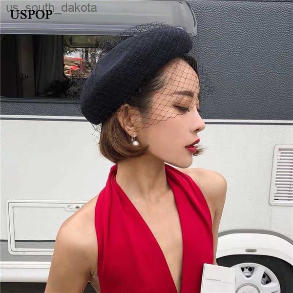 Uspop Summer Hats Women Beret Vintage Mesh Yarn Berets Fashion Женская дышащая шляпа Beret Solid Colap L230523