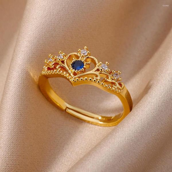 Anéis de casamento azul zircão coroa ajustável para mulheres menina cor de ouro prata anel aberto festa jóias acessórios presente