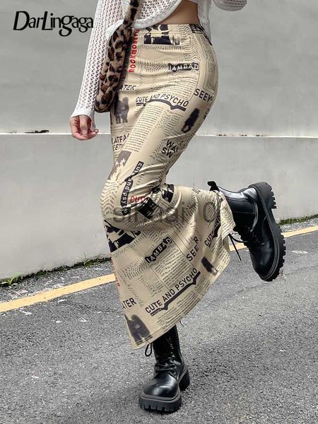 Darlingaga винтажная длинная юбка с высокой талией и буквенным принтом, женские потертые тонкие юбки-карандаш Haruku, эстетичная Y2K Chic J230621