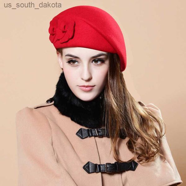 Autunno Inverno Donna Imitazione Berretto di lana Moda femminile Feltro cappello a cilindro Fiori decorazione Festa di strada Scatta una foto Must D17 L230523