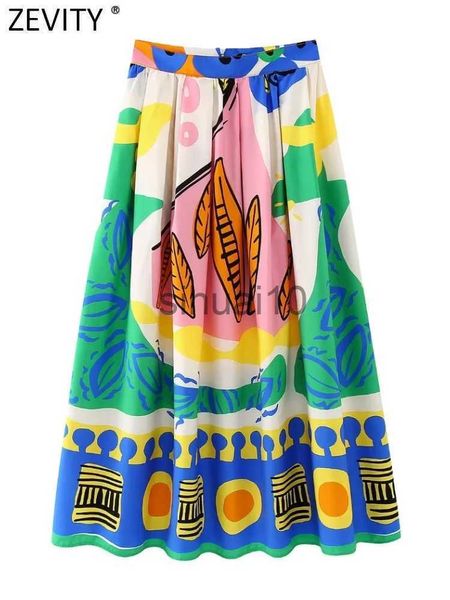 Юбки Zevity Women Vintage Patchwork Totem Floral Print Big Swing Casual Midi Skirt Faldas Mujer Женская шика
