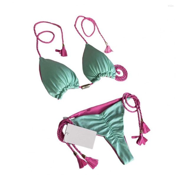 Costumi da bagno da donna 2 pezzi / set Corda intrecciata Nappa imbottita senza fili Bikini con balza Set reggiseno a triangolo a vita bassa Mutandine Costume da bagno Sexy