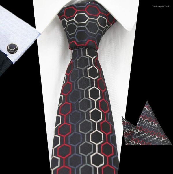 Papillon Ricnais Fashion 8cm Tie Set Red Gold Dot Plaid Pocket Square Gemelli Cravatta Set per fazzoletto da sposa da uomo d'affari