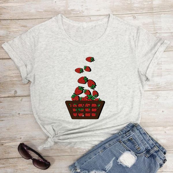 Damen-T-Shirts, farbige Erdbeeren im Korb, T-Shirt, Kawaii-Erdbeer-Feinschmecker-T-Shirt, lustiges Frauen-Grafik-Obst-T-Shirt-Top