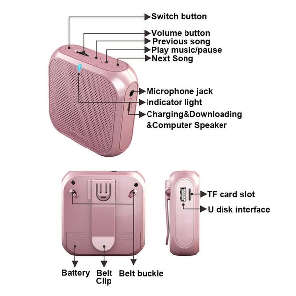 Mini alto-falantes Mini amplificador de voz portátil, alto-falante com clipe para montagem na cintura, microfone, alto-falante, rádio, mp3, para treinamento de professores