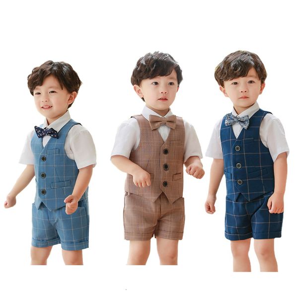 Suits Boy Summer Kısa Kollu Ekose Takım Seti Çocuk Doğum Günü Partisi Düğün Performans Kostüm Çocuk Gömlek Bowtie Şortları Giysileri 230620