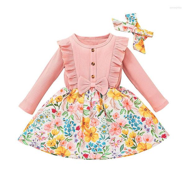 Mädchen Kleider Nette Mädchen Kleid Bogen Blumen Druck Prinzessin Langarm Party Vestidos Rüschen Gestrickte Blume Lässige Baby Kleidung