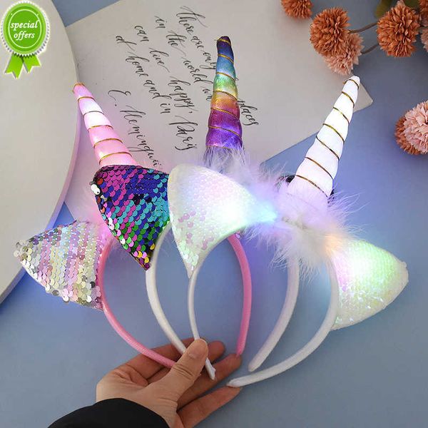 Neue LED-Licht Einhorn Stirnband Kinder Mädchen Geburtstag Cartoon Kopfbedeckung Haarschmuck Regenbogen Einhorn Thema Party Dekoration Lieferungen