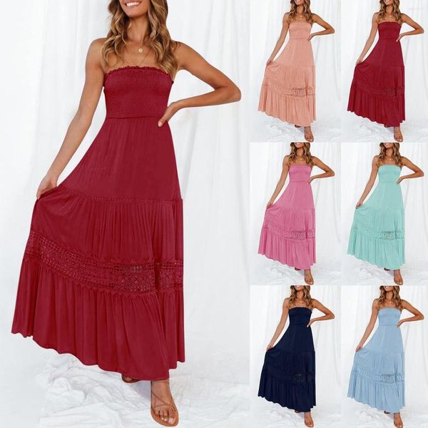 Vestidos casuais para mulheres, verão, boêmio, sem alças, com acabamento em renda, sem costas, esvoaçante, praia, longo, maxi, vestido, ver, lance, para mulheres