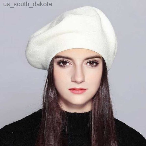 Nuove donne nero bianco rosso berretti cappello moda tinta unita lana lavorata a maglia con signore francese artista beanie berretto cappello caldo marchio berretto L230523