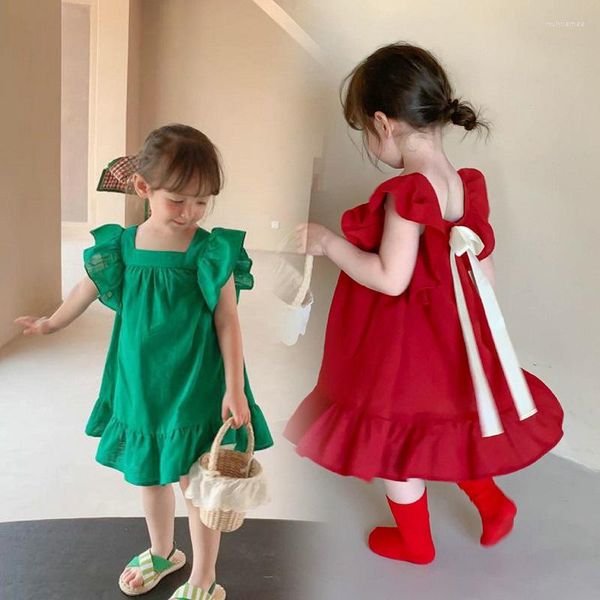 Vestidos de menina verão moda bebê meninas algodão mangas babados sem costas gravata borboleta vestido princesa roupas lindas roupas 2-8 anos