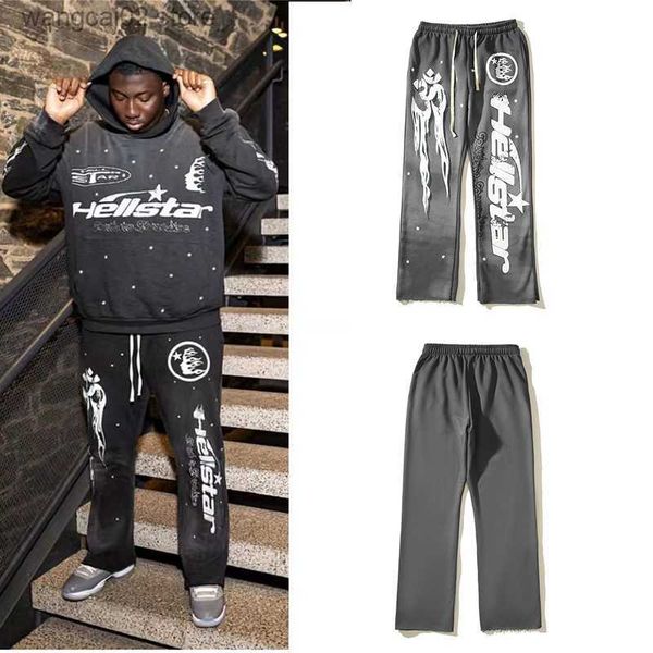 Pantaloni da uomo 2023 Hellstar Grey Oversize Retro Mud Print Indossati Pantaloni sportivi sportivi High Street Pantaloni a zampa d'elefante da uomo e da donna T230621